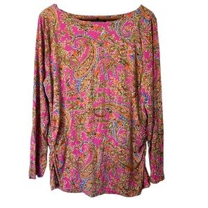 Lauren Ralph Lauren Paisley Print Pink Boat Neck Ruched Sides Coastal Top 2X